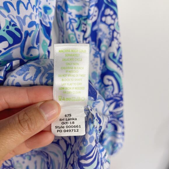 Lilly Pulitzer XSmall Blue Willa Top Royal Purple 60 Animals Tie V Neck Blouse - Picture 11 of 11